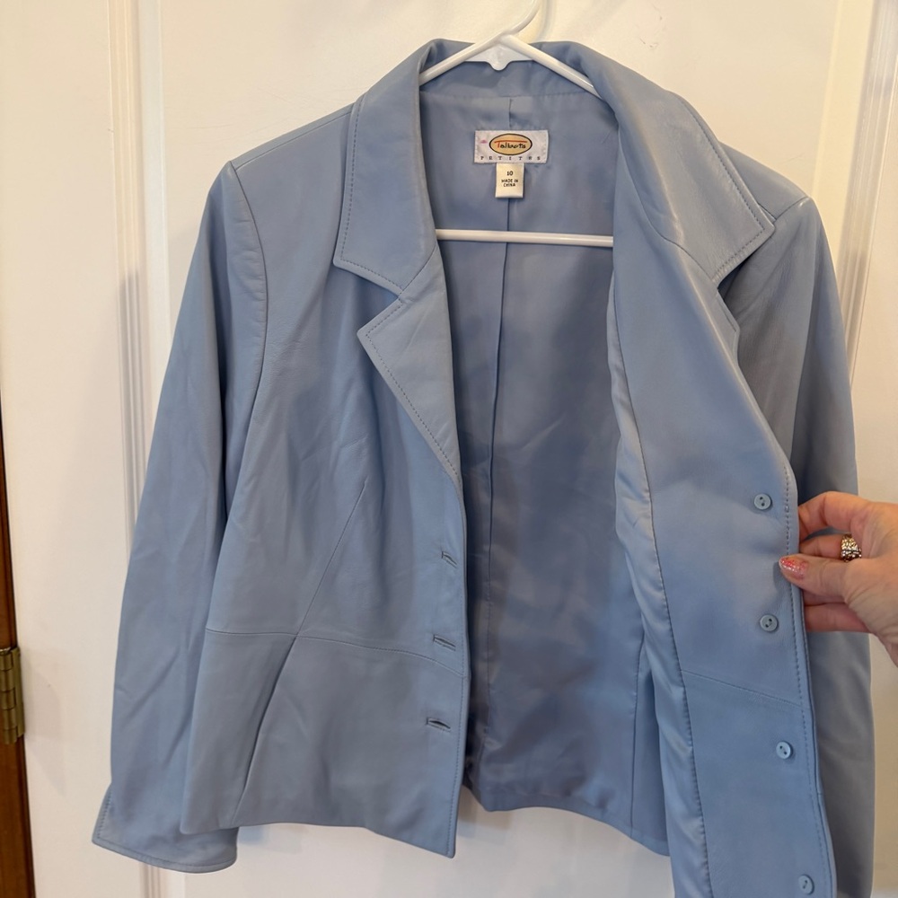 Talbots Genuine Leather Size 10 Sky Blue Supple Button-Up Blazer